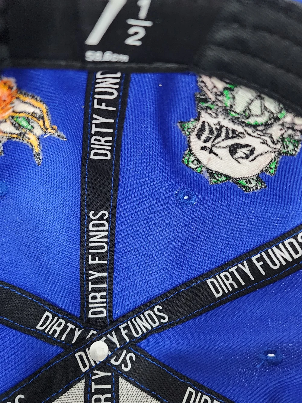 Dirty Funds Blue Fitted Baseball Cap Hat Embroidered Skull Unisex Size 7 1/2